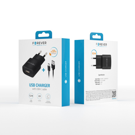 Ładowarka sieciowa Forever TC-01 1x USB 2A czarna + kabel USB-C